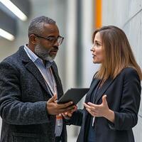 Two professionals discussing and looking at a digital tablet device photo