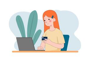Woman making online electronic payment with laptop and bank card. Man buying. through internet and paying for it using computer. Colored flat illustration isolated on white background vector