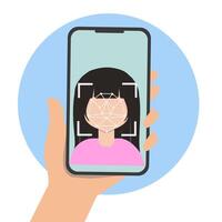Man or woman using biometric identification scan face recognition with mobile phone. cyber security KYC concept vector