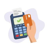 Contactless cashless payment with credit card. Hand paying approval success with POS terminals and NFC technology. illustration isolated on white background vector