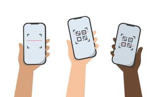 Cashless payment for online shopping. Diverse hand with smartphone scans QR code. illustration vector