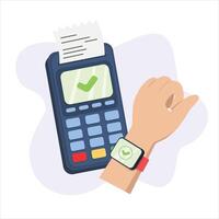 Contactless cashless payment with virtual credit card on smartwatch. Hand paying approve success with POS terminals and NFC technology. illustration isolated on white background vector