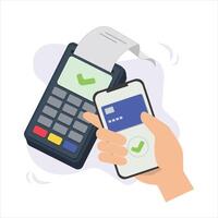 Contactless cashless payment with virtual credit card on mobile phone. Hand paying approve success with POS terminals and NFC technology. illustration isolated on white background vector