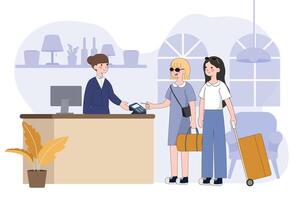 Customer pay with credit card and POS terminal in hotel. check out with a credit card. Cashless contactless payment NFC banking system. Wireless transaction. illustration vector
