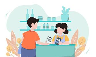 Customer use mobile cashless payment system or scan qr code. Characters using digital banking service and application Contactless pay. illustration vector
