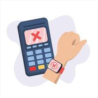 Contactless cashless payment with virtual credit card on smartwatch reject sign. Hand paying with POS terminals and NFC technology. illustration isolated on white background vector