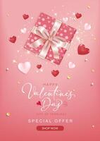 Valentines day banner template. Happy valentines day greeting typography with valentine elements of heart and gift with empty space for text and messages in red background. vector
