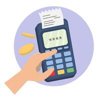 Payment machine or pos terminal, electronic bill payment and credit card with invoice or paper check receipt. illustration vector