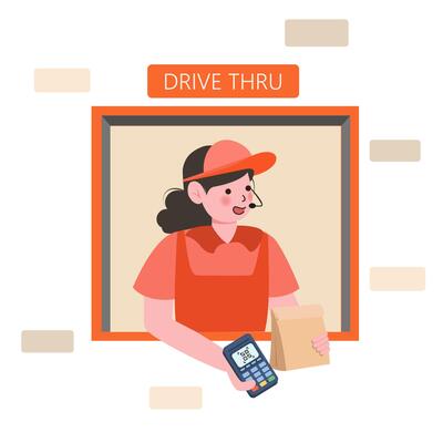 Payment from Car, Drive Thru System. Takeaway Food Service with payment system or scan qr code. Customer Purchase Goods without Leaving Auto. Illustration