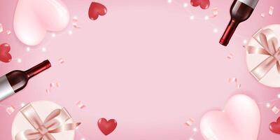 Valentines day banner template. Happy valentines day greeting typography with valentine elements of champagne, wine glass and gift with empty space for text and messages in red background. vector