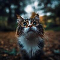 Curious Fluffy Cat with Teal Eyes in Misty Forest photo