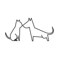 Cute dog and cat looking at each other line art design vector