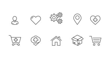Minimal Line UI Icons Health, Shopping Cart, Location, Settings, Home, Delivery User Profile vector