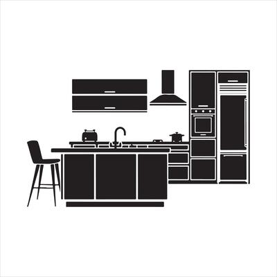 modern kitchen furniture with cabinets and appliances black silhouette