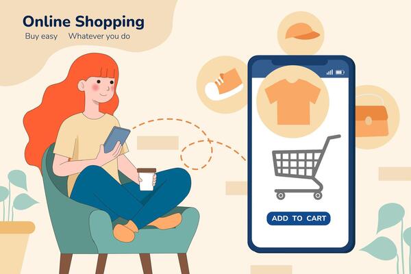 Young woman sitting on a cozy couch with smartphone and purchasing fashion cloths, concept of Online Shopping, Home delivery.