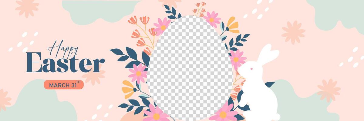 Happy Easter, egg with flowers and bunny for banner, poster on transparent background, flat illustrations