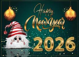 A fun and festive 2026 Happy New Year card featuring a tiny Character surrounded by sparkling golden glitter and text on a green background. vector