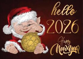 Adorable gnome sitting next to Hello 2026, with golden text set against a red backdrop. vector