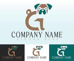 The letter G features a pug dog image as a key element in the logo concept. vector