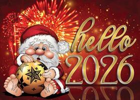 Welcome 2026 with a magical greeting card showcasing an adorable gnome holding a festive ornament with fireworks on a red background. vector