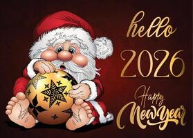 Celebrate 2026 with a charming New Year card showcasing a cute gnome, a festive Christmas ball, and shimmering gold text on a red background. vector