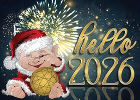 A charming New Year 2026 greeting card with a playful gnome sitting and holding a holiday ornament on a blue background with fireworks. vector
