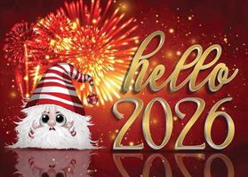 2026 New Year card designed with a cute character and fireworks against a red backdrop. vector