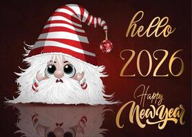 Welcome 2026 with a festive card with a cute gnome featuring dazzling golden text on a red background. vector