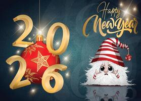 2026 Happy New Year greeting card with a cute festive character on a blue backdrop. vector