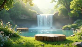 3d rendering of a waterfall and wooden tables in a lush green field photo
