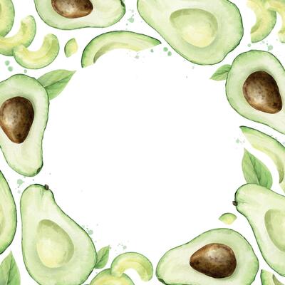 Watercolor square frame of Avocado fruits, halves fruit with seed, seedless slices and splashes. Template of healthy vegan vegetables and leaves for menu, packaging of food, cosmetics, recipe, cards