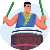 A character beating drum with sticks, flat illustration vector