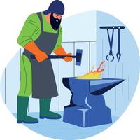 Flat illustration of a blacksmith working with a hammer and anvil vector