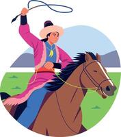 A flat style illustration of a horse rider rotating his whip vector