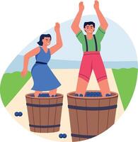 Flat style illustration showing two characters enjoying wine harvest season vector