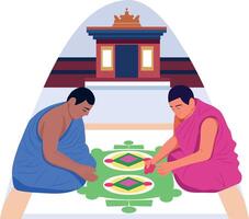 Flat style illustration showing two characters making sand mandala vector