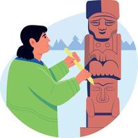 Flat illustration showing a character doing totem carving vector
