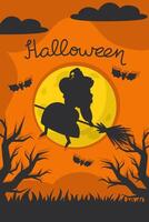 Halloween Poster with Witch Silhouette Flying on Broomstick Under Full Moon Over Forest. design template for cards, cover, banner, flyer, web, social media vector