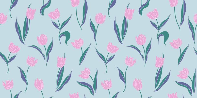Beautiful floral seamless pattern. Spring background with tulips. Retro print with beautiful plants for fabric, wallpaper, wrapping paper. Elegant hand drawn illustration.