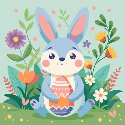 easter bunny with flowers and grass background