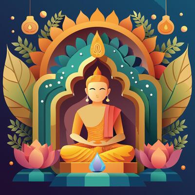 buddha in lotus position with flowers and light bulbs