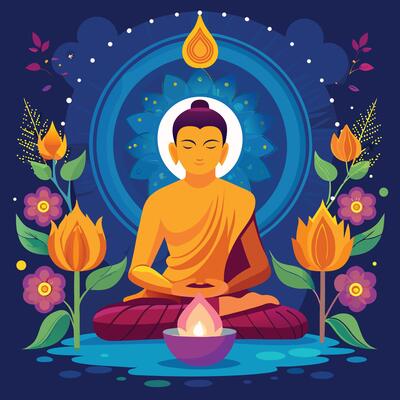 buddha sitting in meditation with flowers and candles