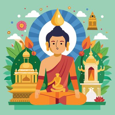 buddha in meditation with temple and other buildings