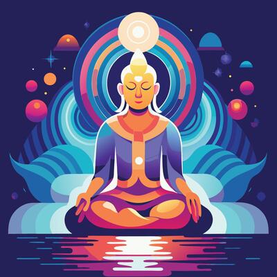 a colorful illustration of a buddha sitting in meditation