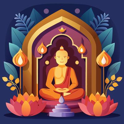 buddha statue in the temple with lotus flowers and candles