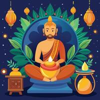 buddha with lanterns and candles in the background vector