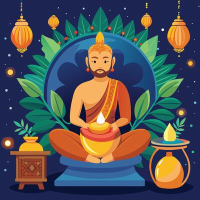 buddha with lanterns and candles in the background