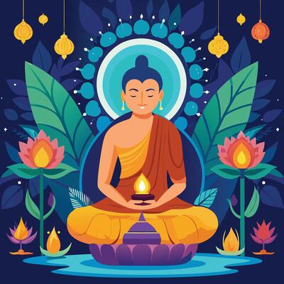 buddha sitting on lotus with candles and flowers