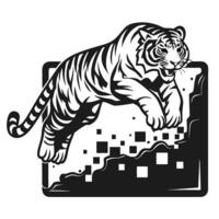 black and white tiger illustration leaping over digital blocks dynamic wildlife art, geometric vector
