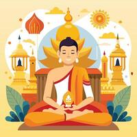 a buddha is sitting in a lotus position with a lot of buildings in the background vector